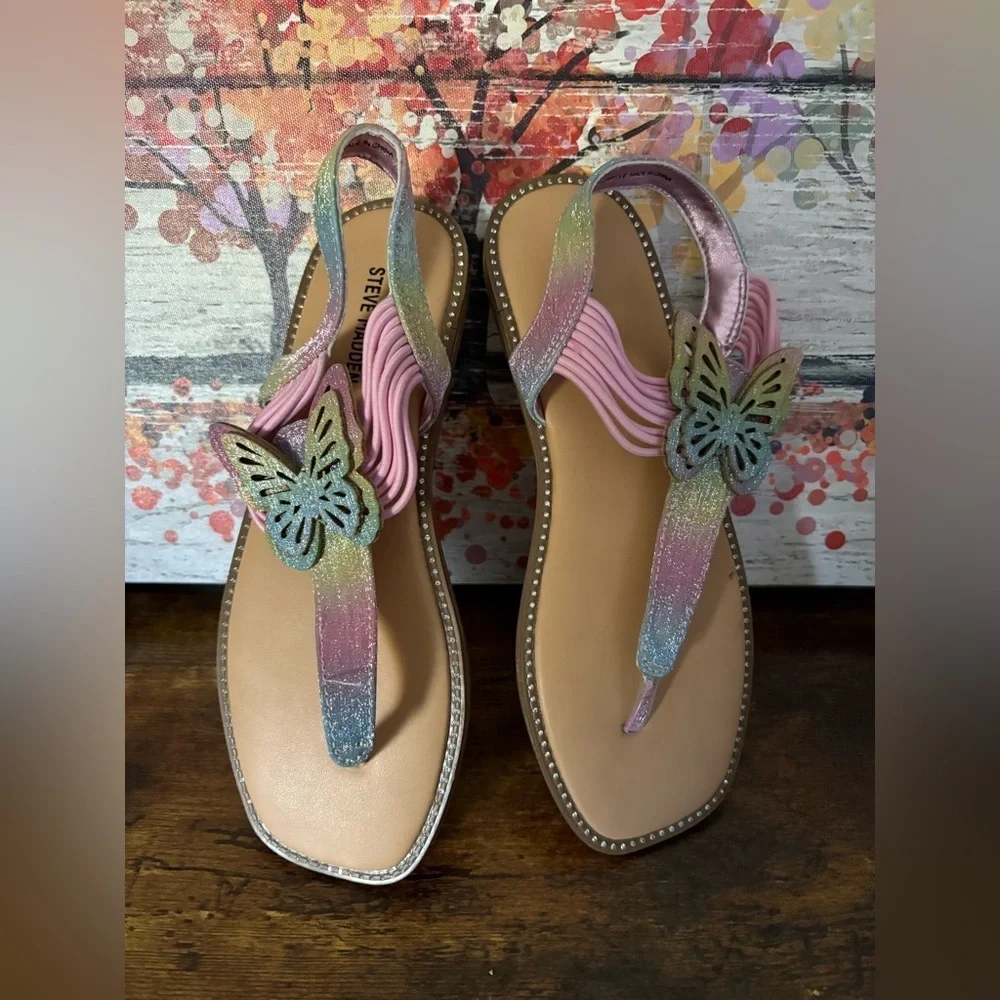 New-Girls Steve Madden Pink and Silver Butterfly Sandals